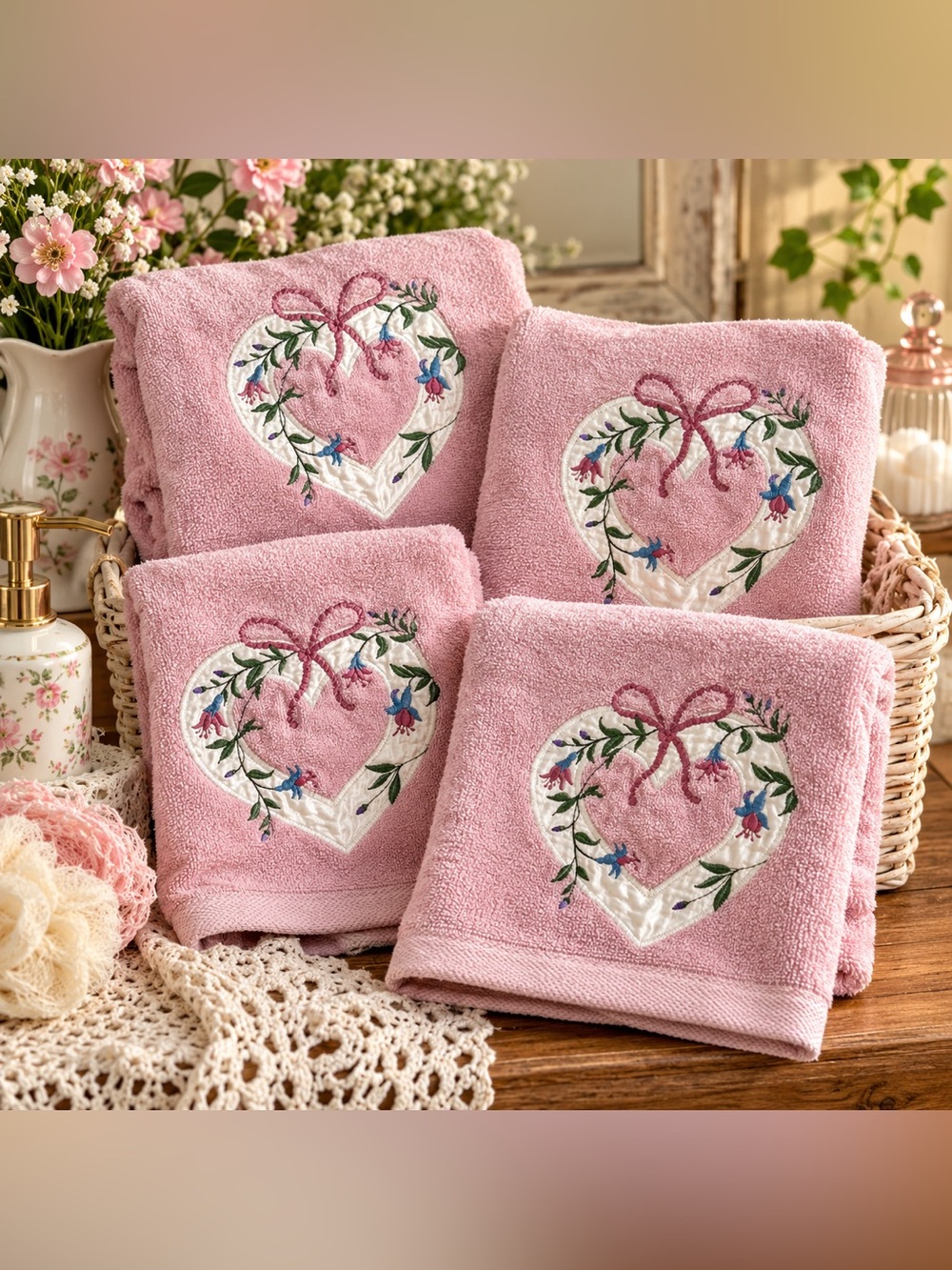 Pink Towel Set 2 Bath 2 Hand Floral Heart Applique Embroidered Made USA